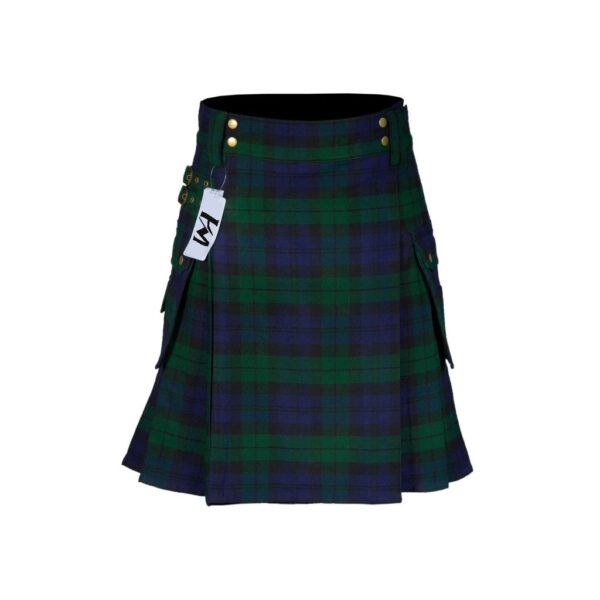 Scottish Men’s Modern Black Watch 16oz Tartan Pockets Utility Kilt, Cargo Kilt