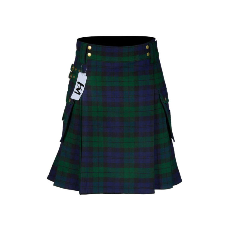 Scottish Men’s Modern Black Watch 16oz Tartan Pockets Utility Kilt, Cargo Kilt