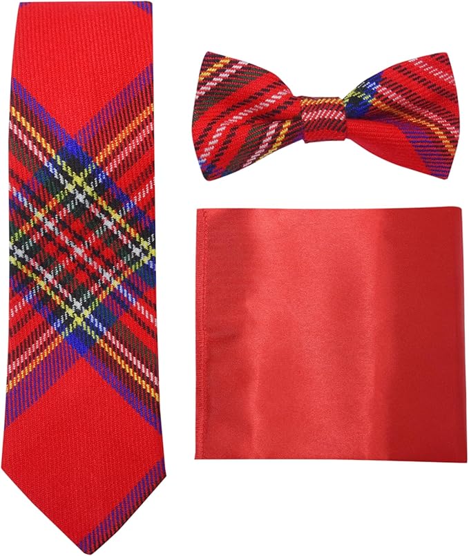 Premium Men’s Gift Tie Set – Royal Stewart Tartan Necktie, Pocket Square & Bowtie