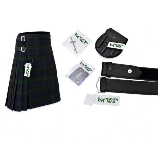 Men's Scottish 6 Piece Casual Kilt Outfit with Sporran, Black Watch Tartan Kilt